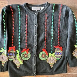 WESTBOUND Christmas Applique Black Cardigan Sweater Beaded Ornaments Lambswool M